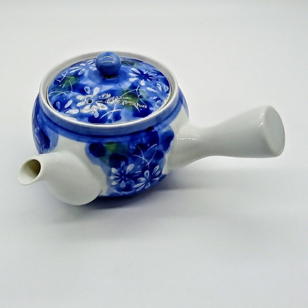 Japanese Side Handle Blue Green Floral Porcelain Tea Pot